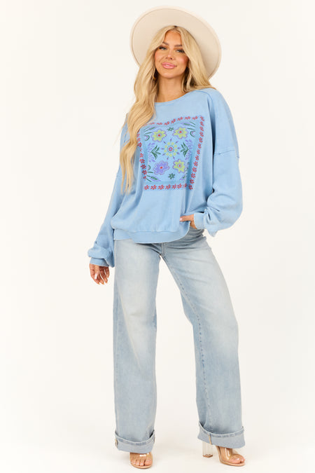 Powder Blue Floral Graphic Long Sleeve Knit Top