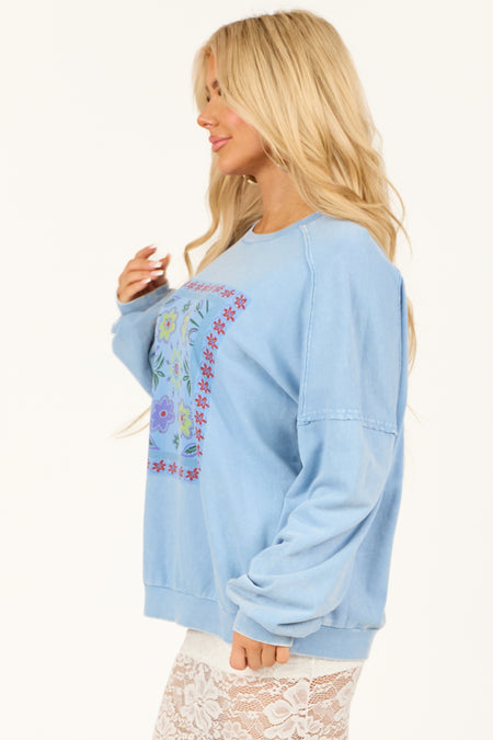 Powder Blue Floral Graphic Long Sleeve Knit Top