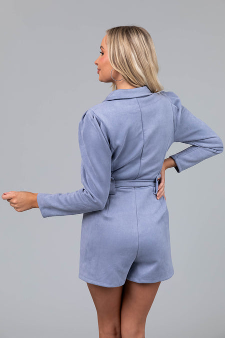 Powder Blue Long Sleeve Zip Up Collared Romper