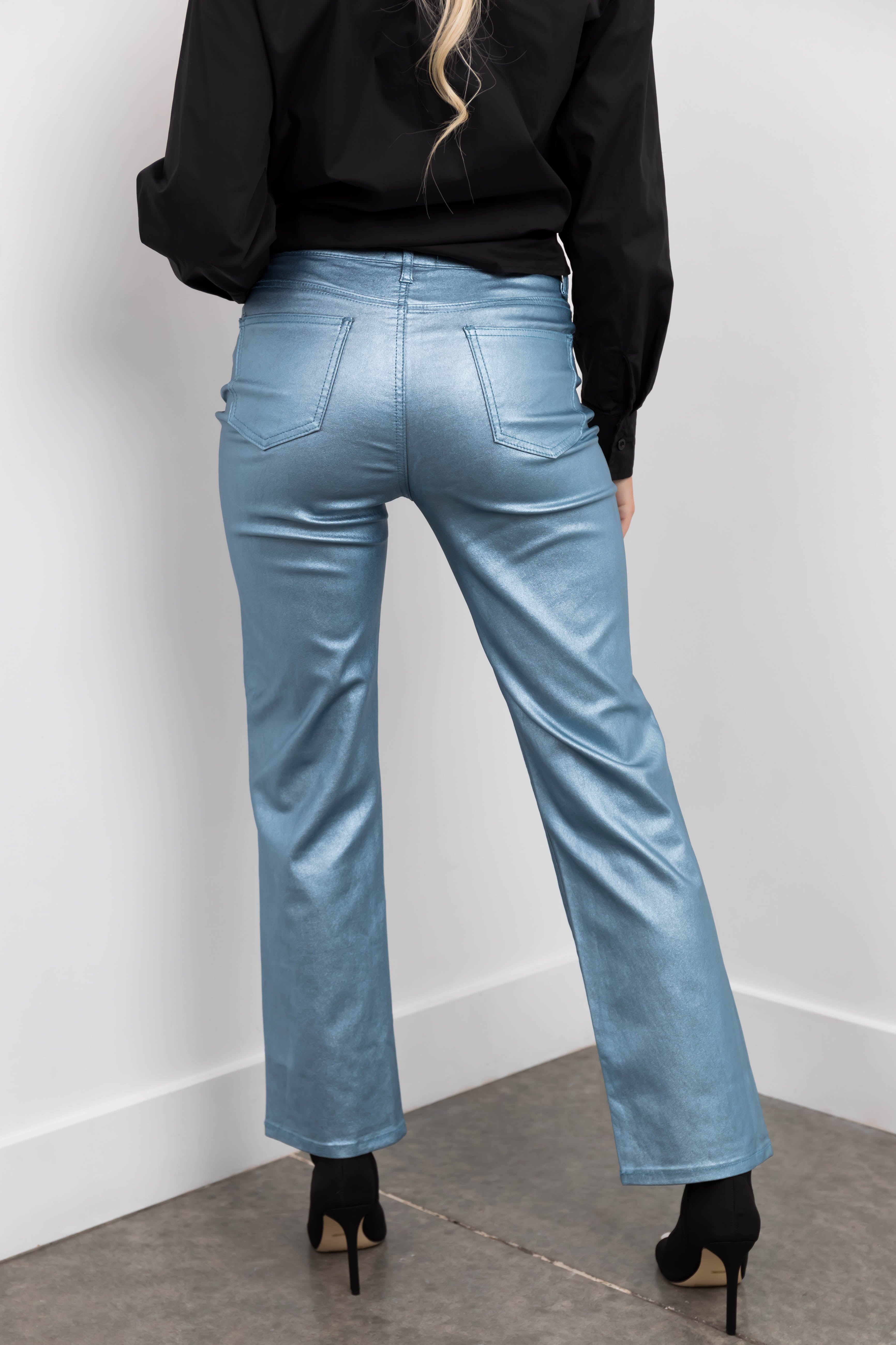 Powder Blue Metallic High Rise Dad Jeans