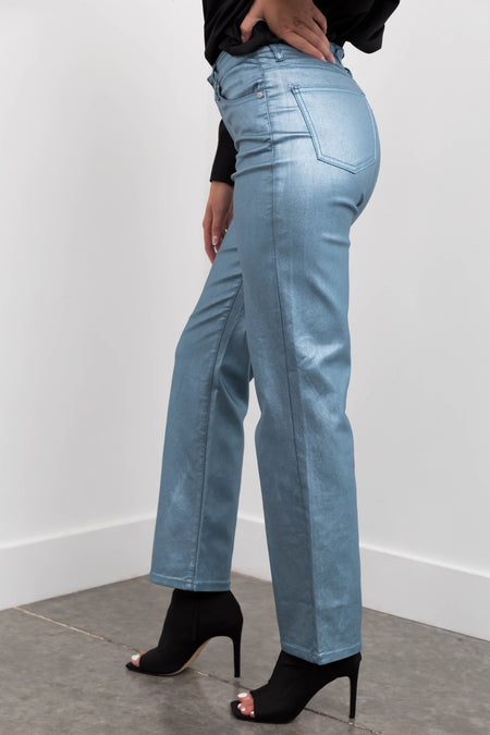 Powder Blue Metallic High Rise Dad Jeans