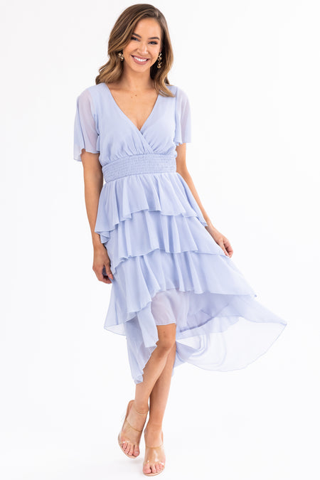 Powder Blue Ruffle High Low Midi Dress