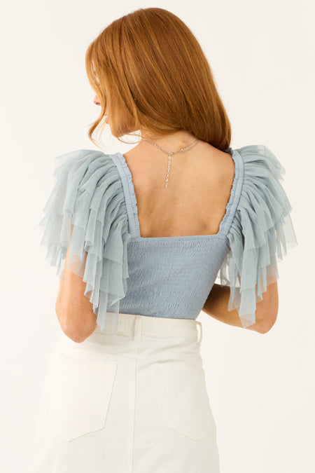 Powder Blue Tulle Ruffle Sleeve Bodysuit