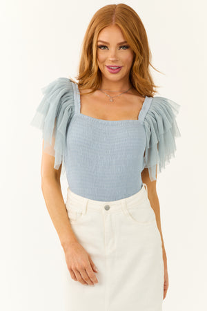 Powder Blue Tulle Ruffle Sleeve Bodysuit