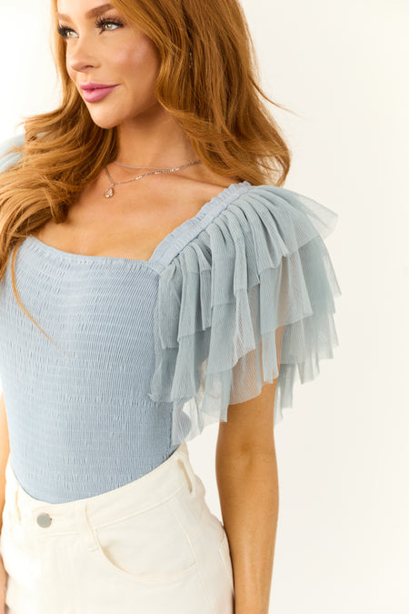 Powder Blue Tulle Ruffle Sleeve Bodysuit