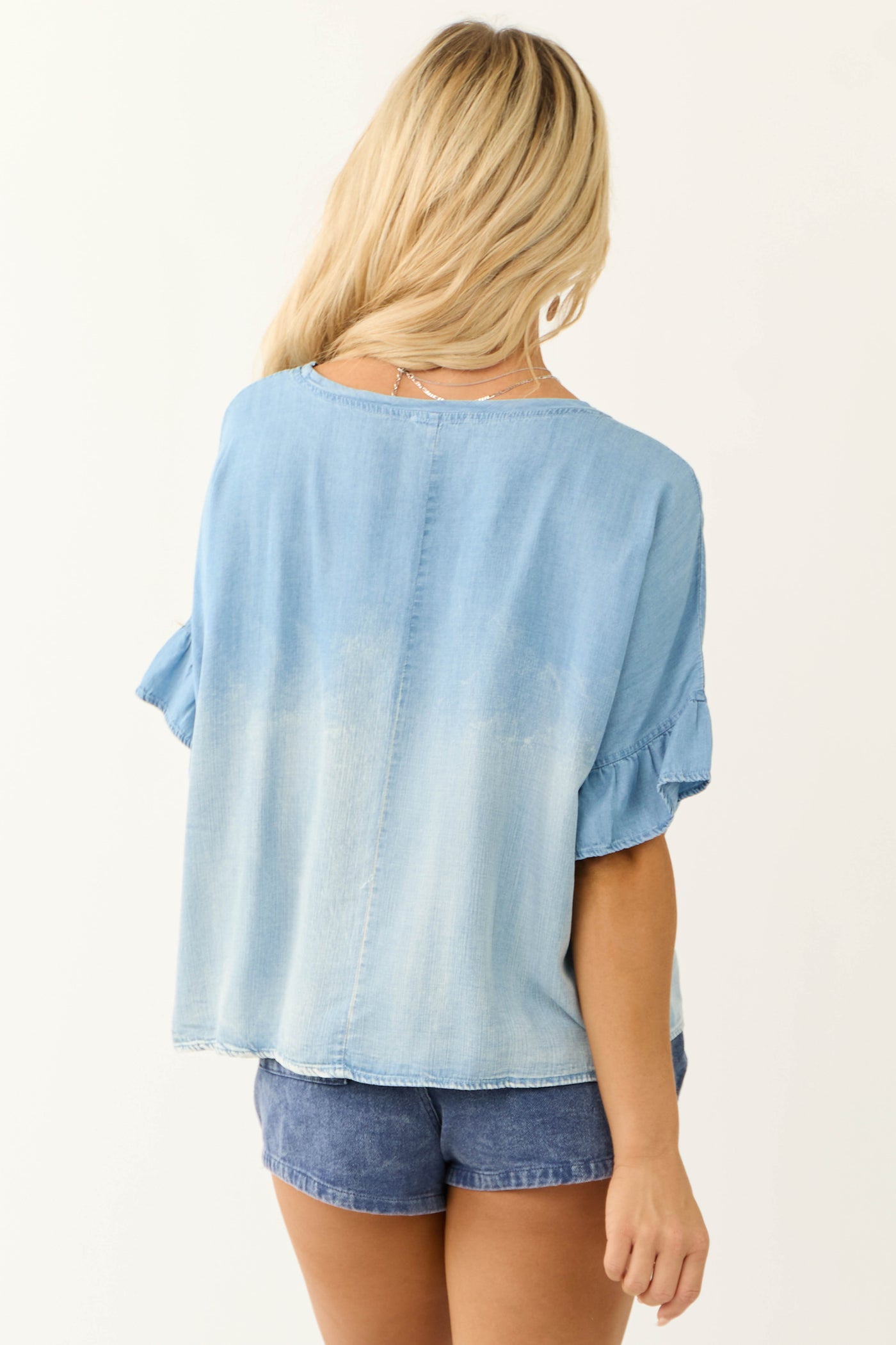 Powder Blue Washed Chambray Half Sleeve Top