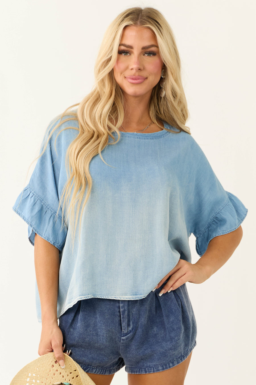 Powder Blue Washed Chambray Half Sleeve Top