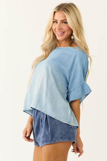 Powder Blue Washed Chambray Half Sleeve Top