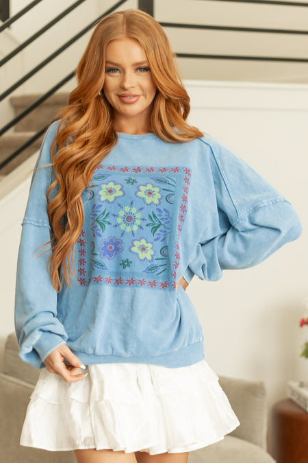 Powder Blue Floral Graphic Long Sleeve Knit Top