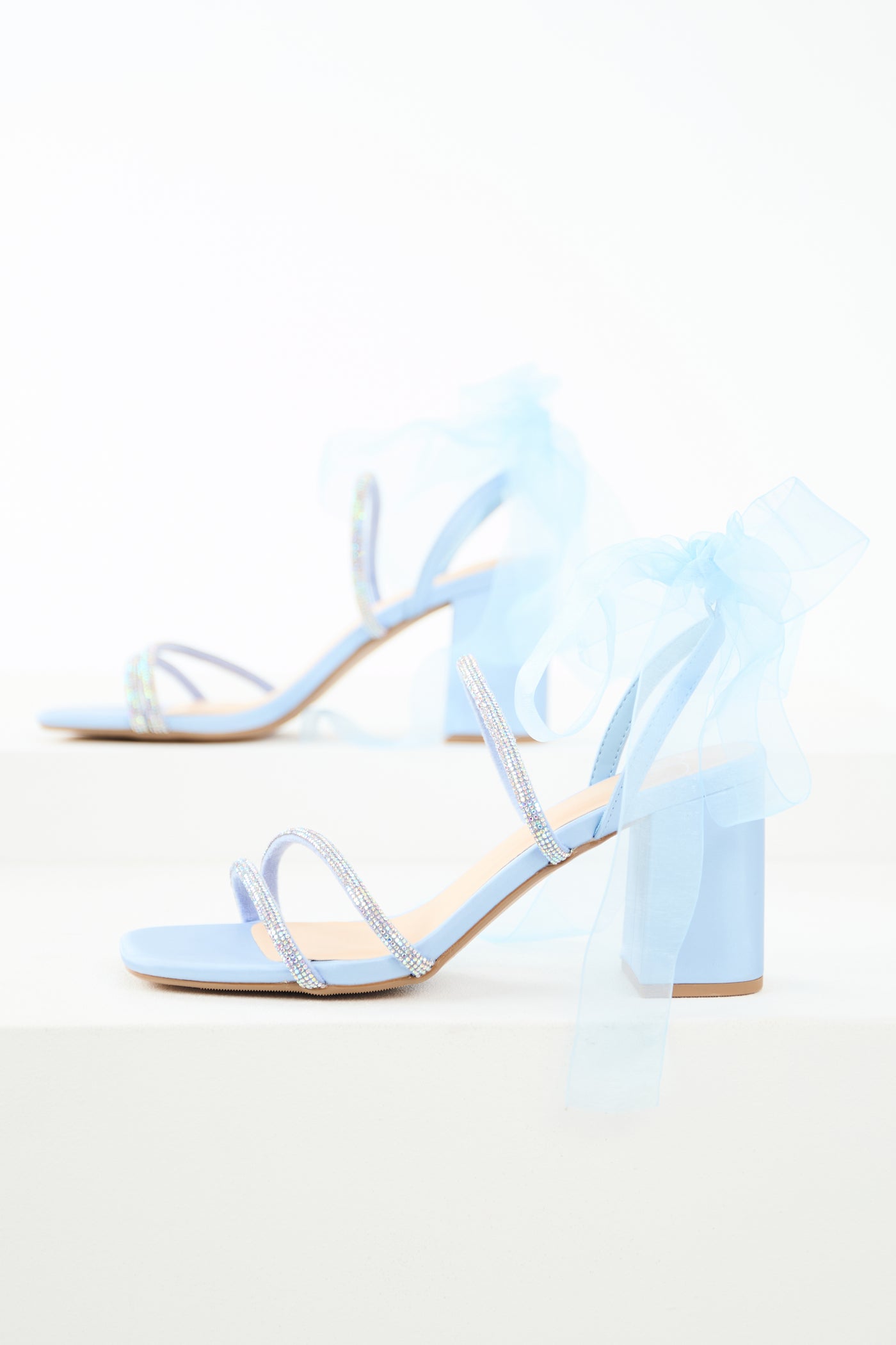 Powder Blue Rhinestone Ribbon Strap Heels