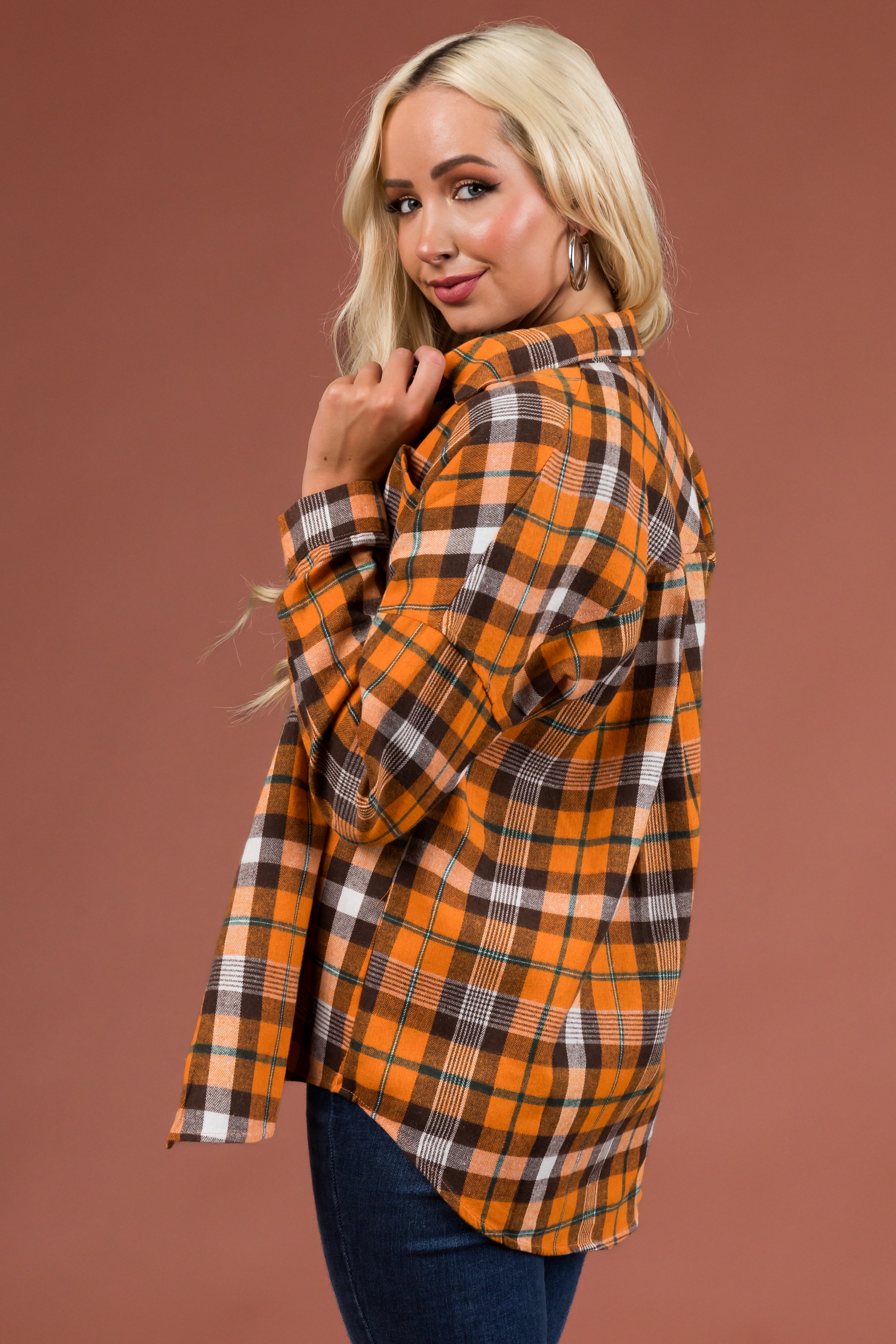 Pumpkin Plaid Drop Shoulder Button Up Shirt