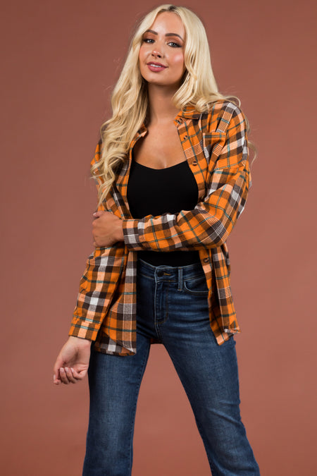 Pumpkin Plaid Drop Shoulder Button Up Shirt