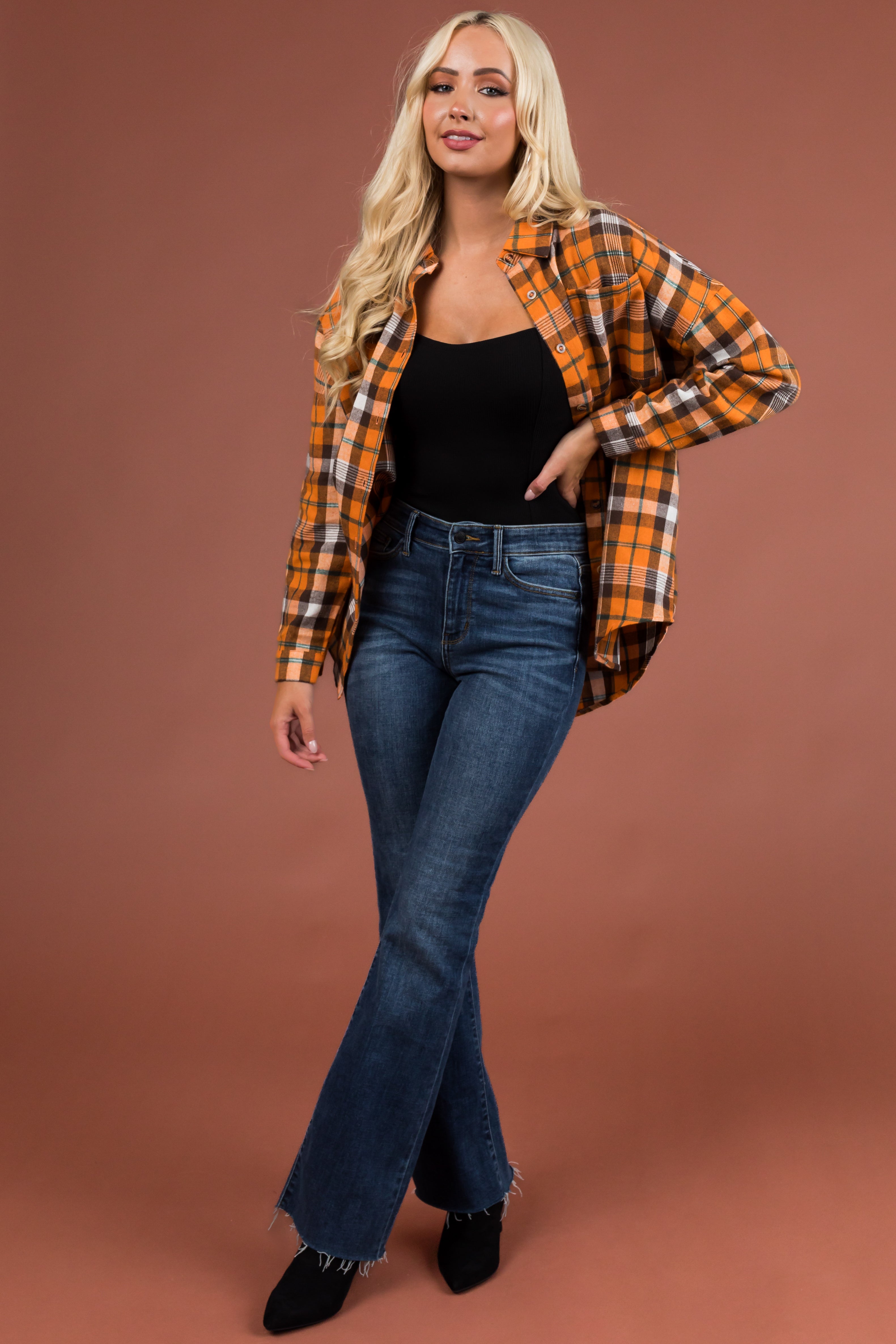 Pumpkin Plaid Drop Shoulder Button Up Shirt