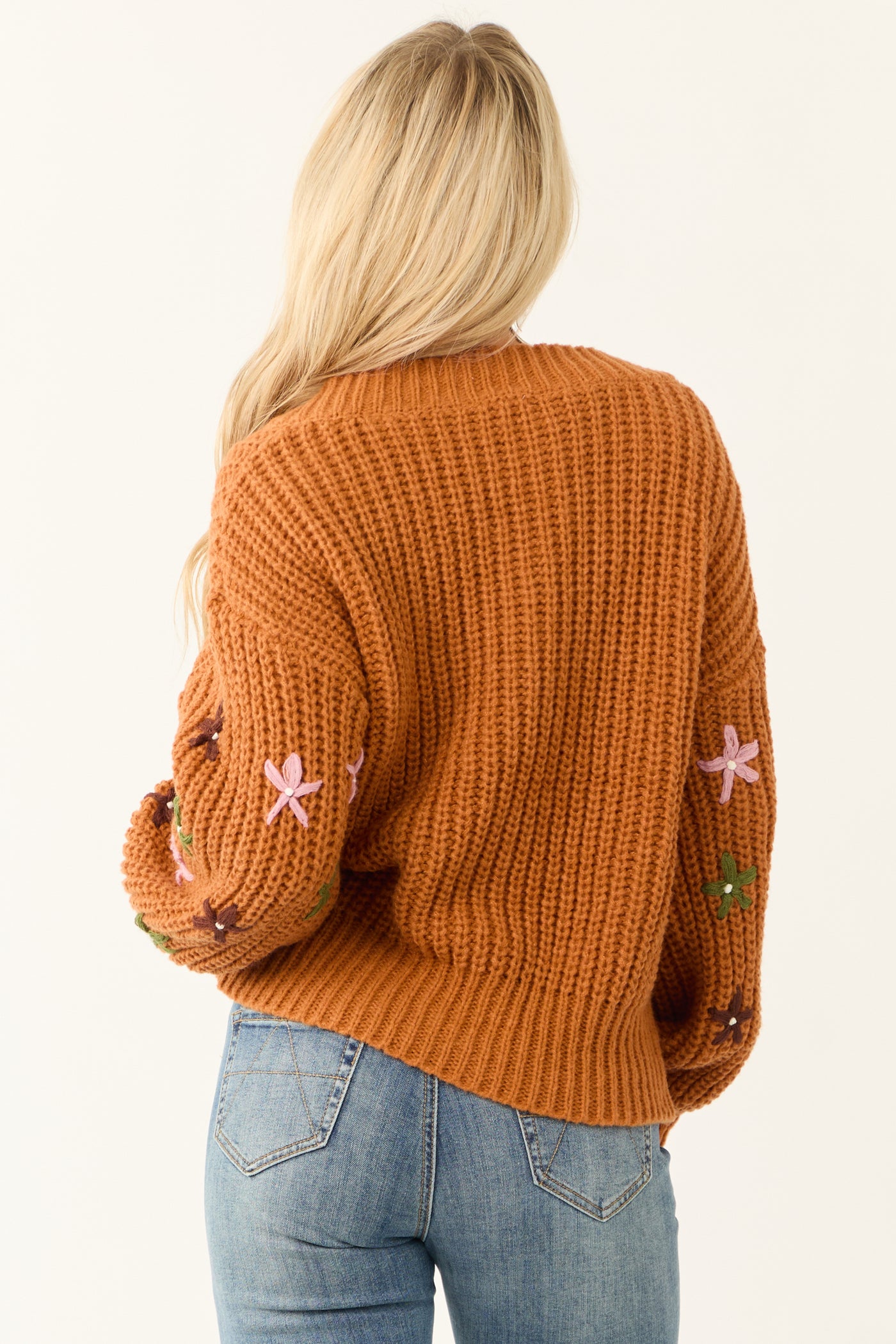 Pumpkin Spice Floral Embroidered Sleeve Sweater