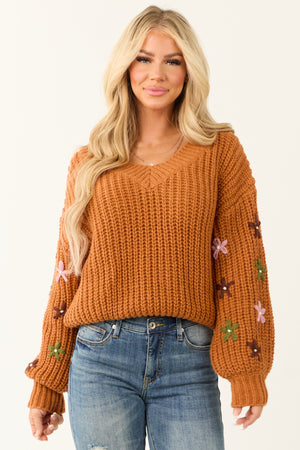 Pumpkin Spice Floral Embroidered Sleeve Sweater