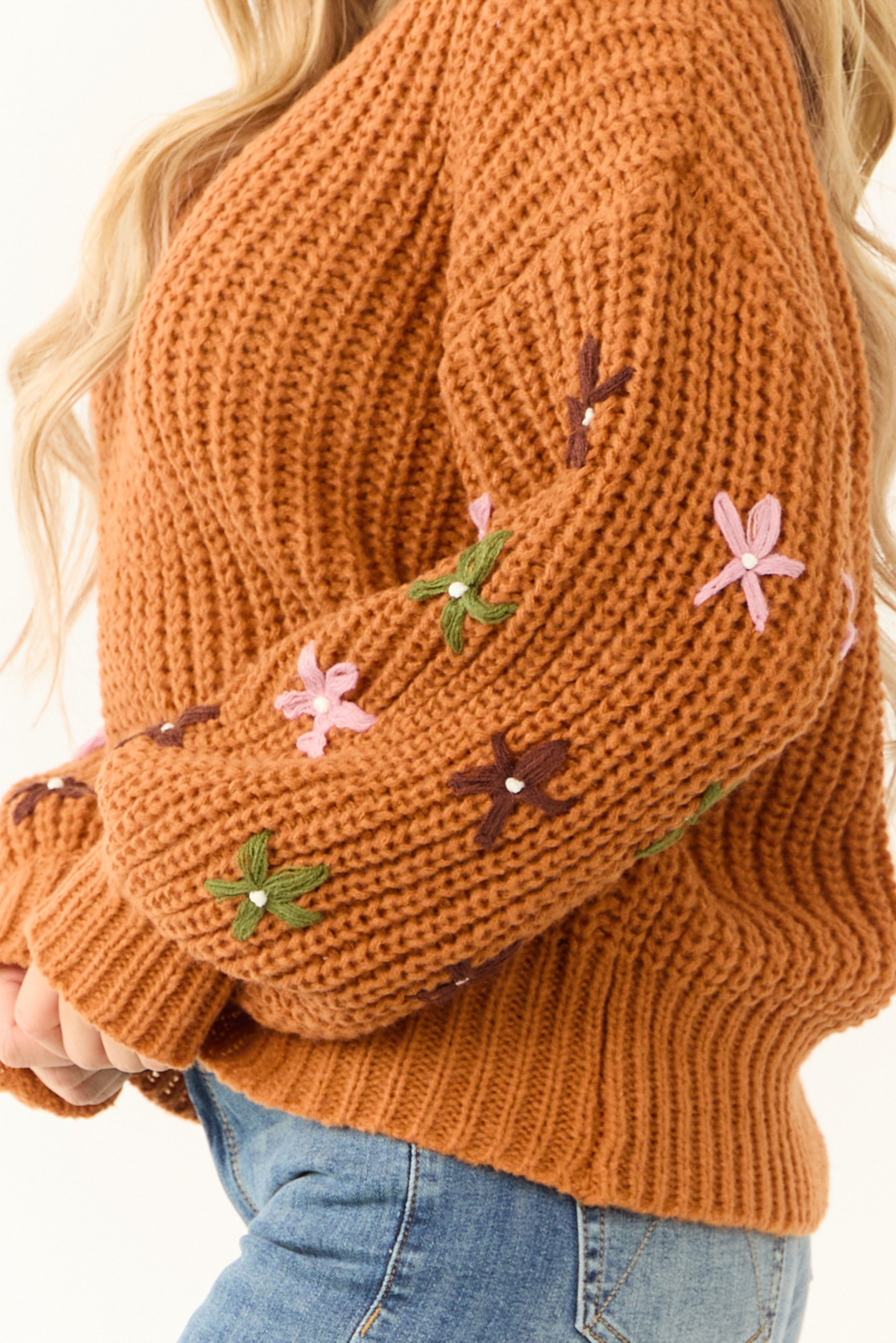 Pumpkin Spice Floral Embroidered Sleeve Sweater