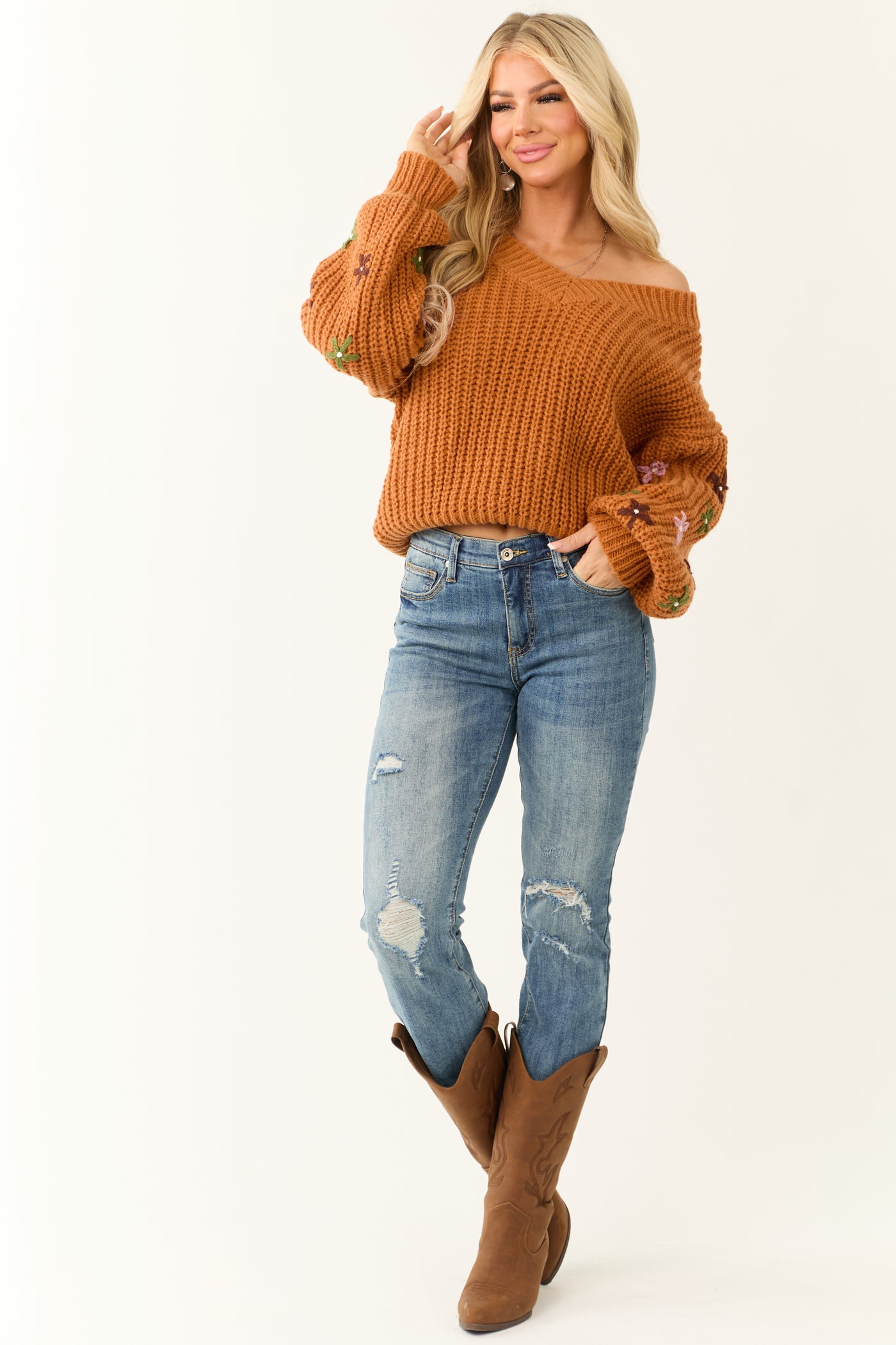 Pumpkin Spice Floral Embroidered Sleeve Sweater