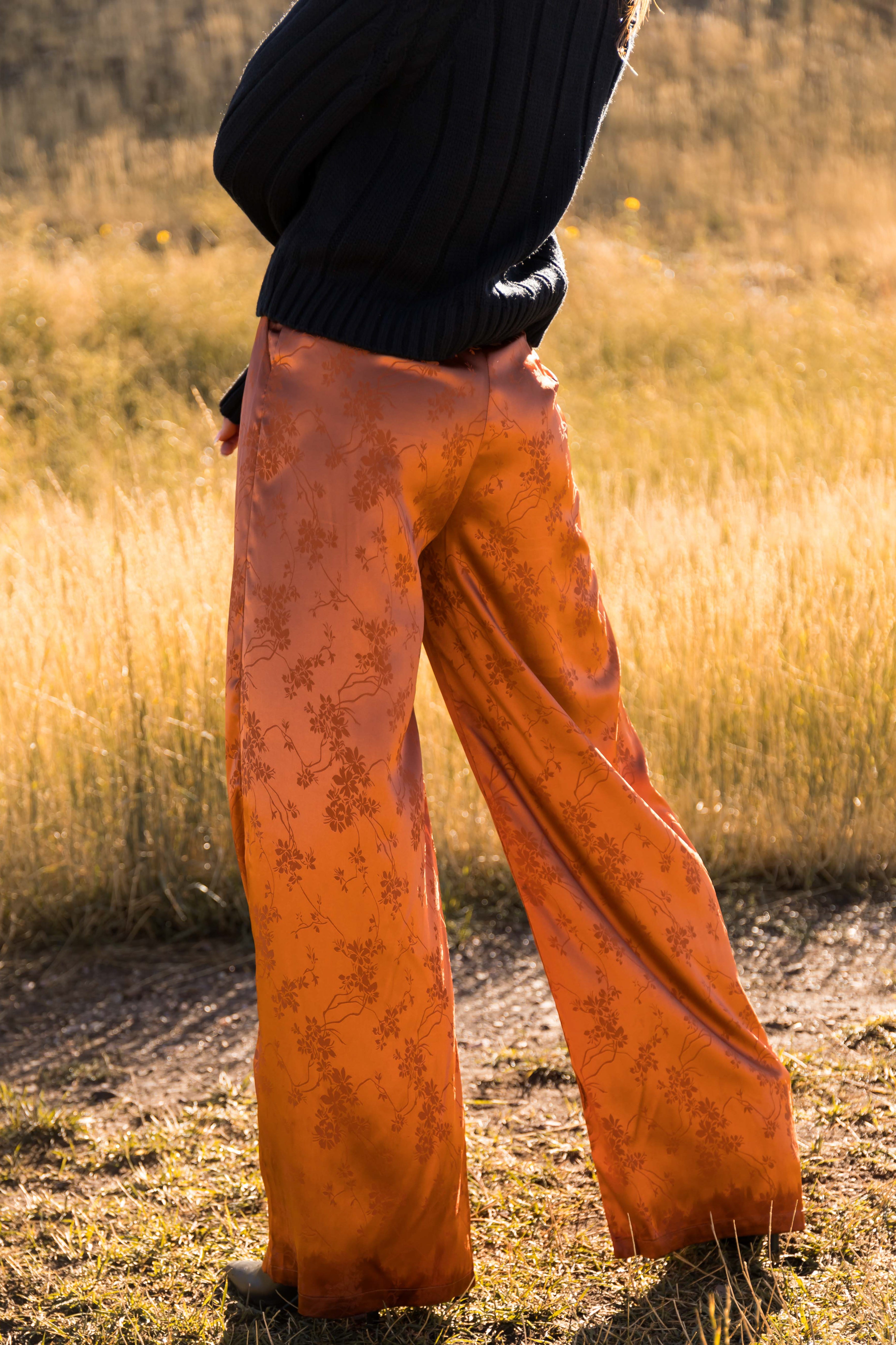 Pumpkin Spice Floral Jacquard Satin Wide Pants