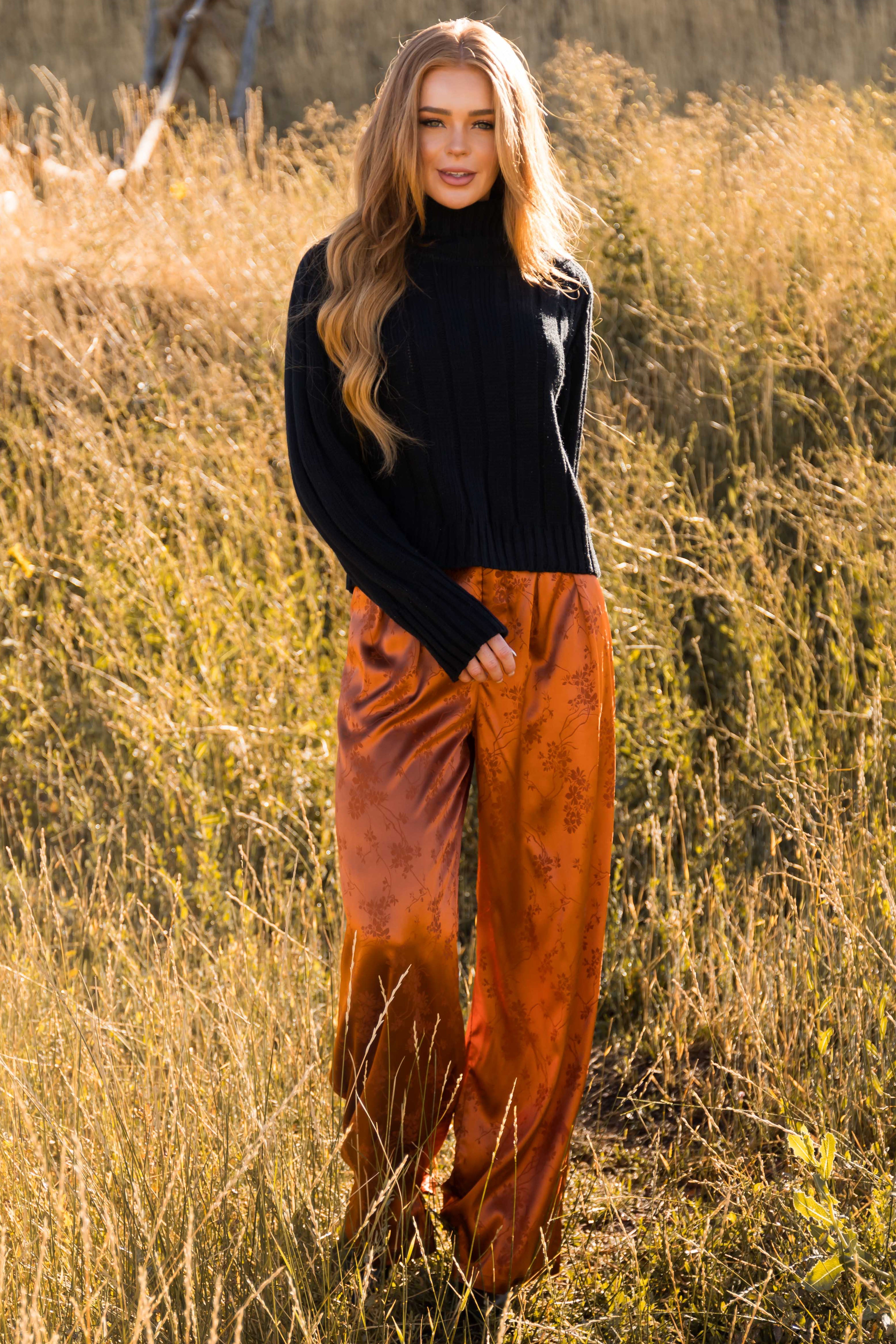 Pumpkin Spice Floral Jacquard Satin Wide Pants