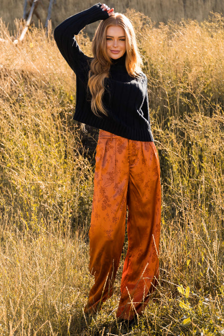 Pumpkin Spice Floral Jacquard Satin Wide Pants