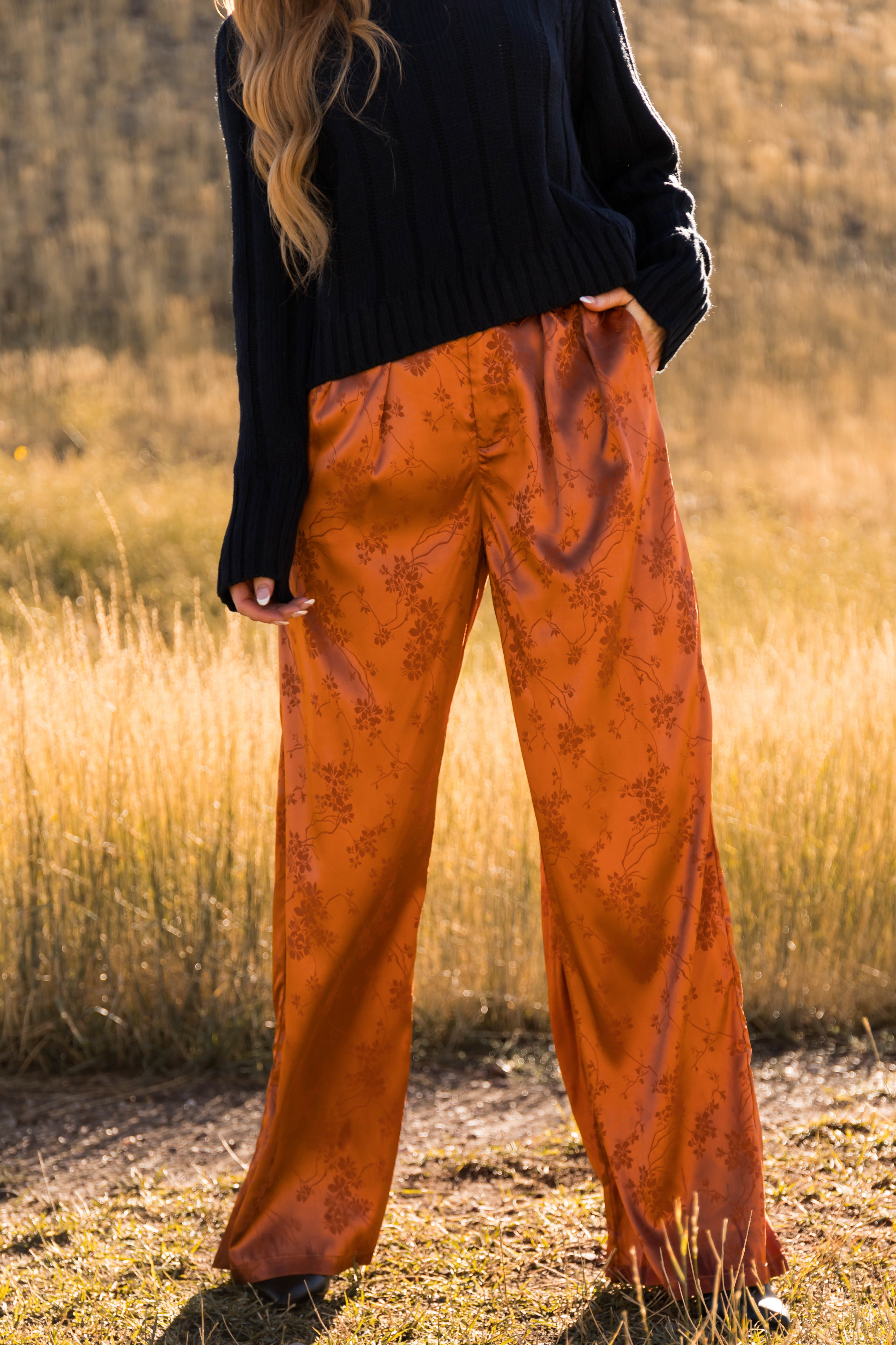 Pumpkin Spice Floral Jacquard Satin Wide Pants | Lime Lush