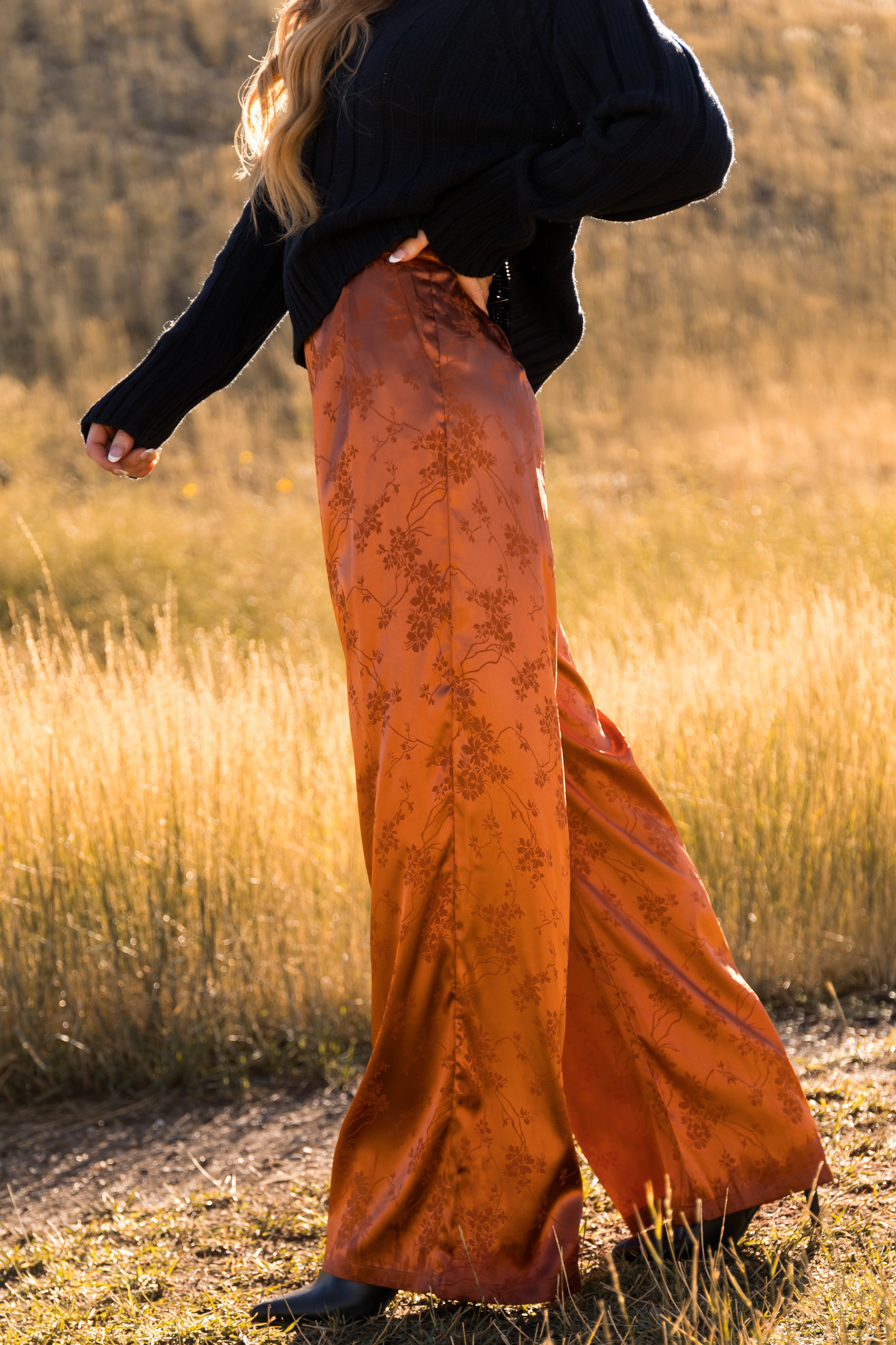 Pumpkin Spice Floral Jacquard Satin Wide Pants