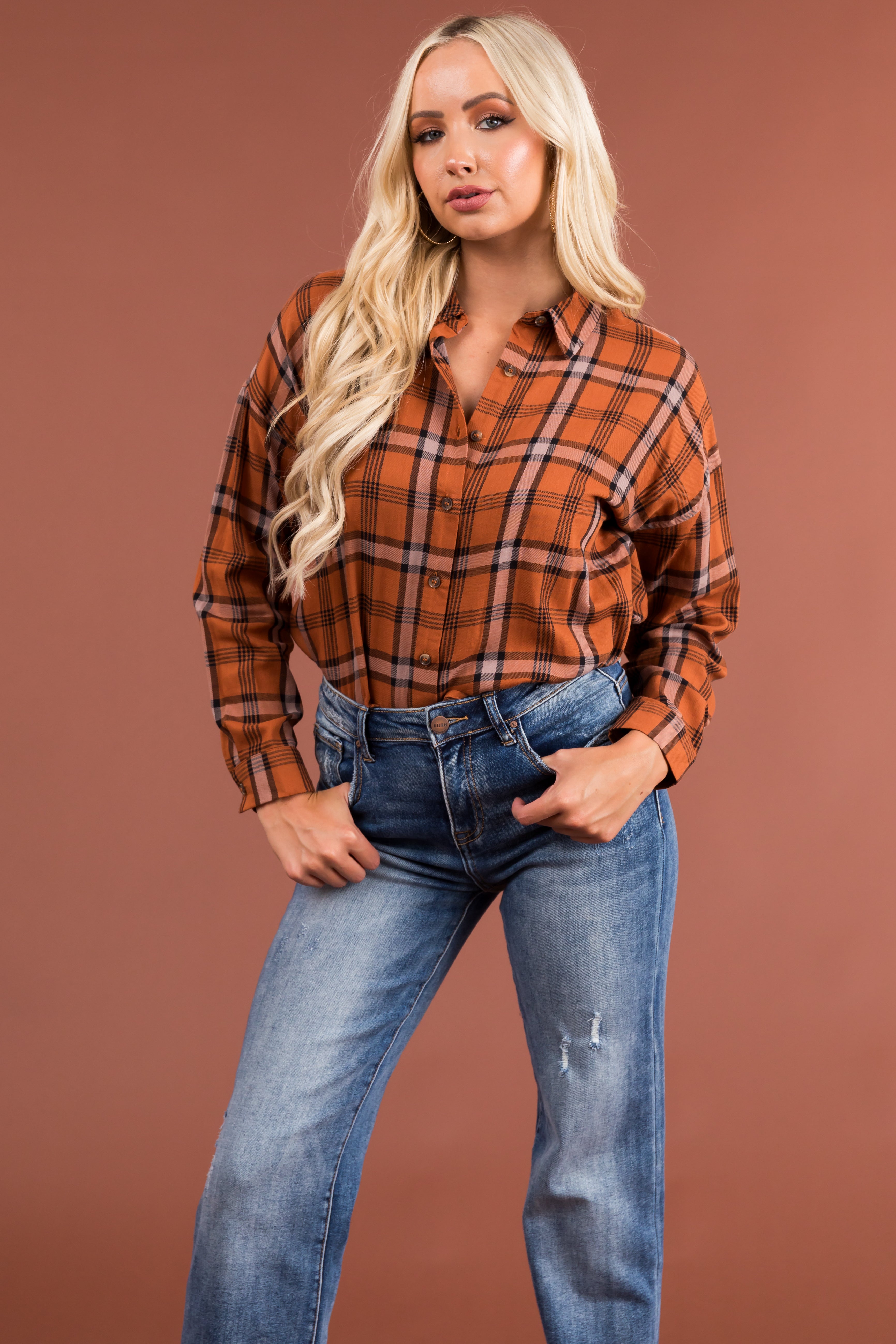 Pumpkin Spice Plaid Button Up Shirt