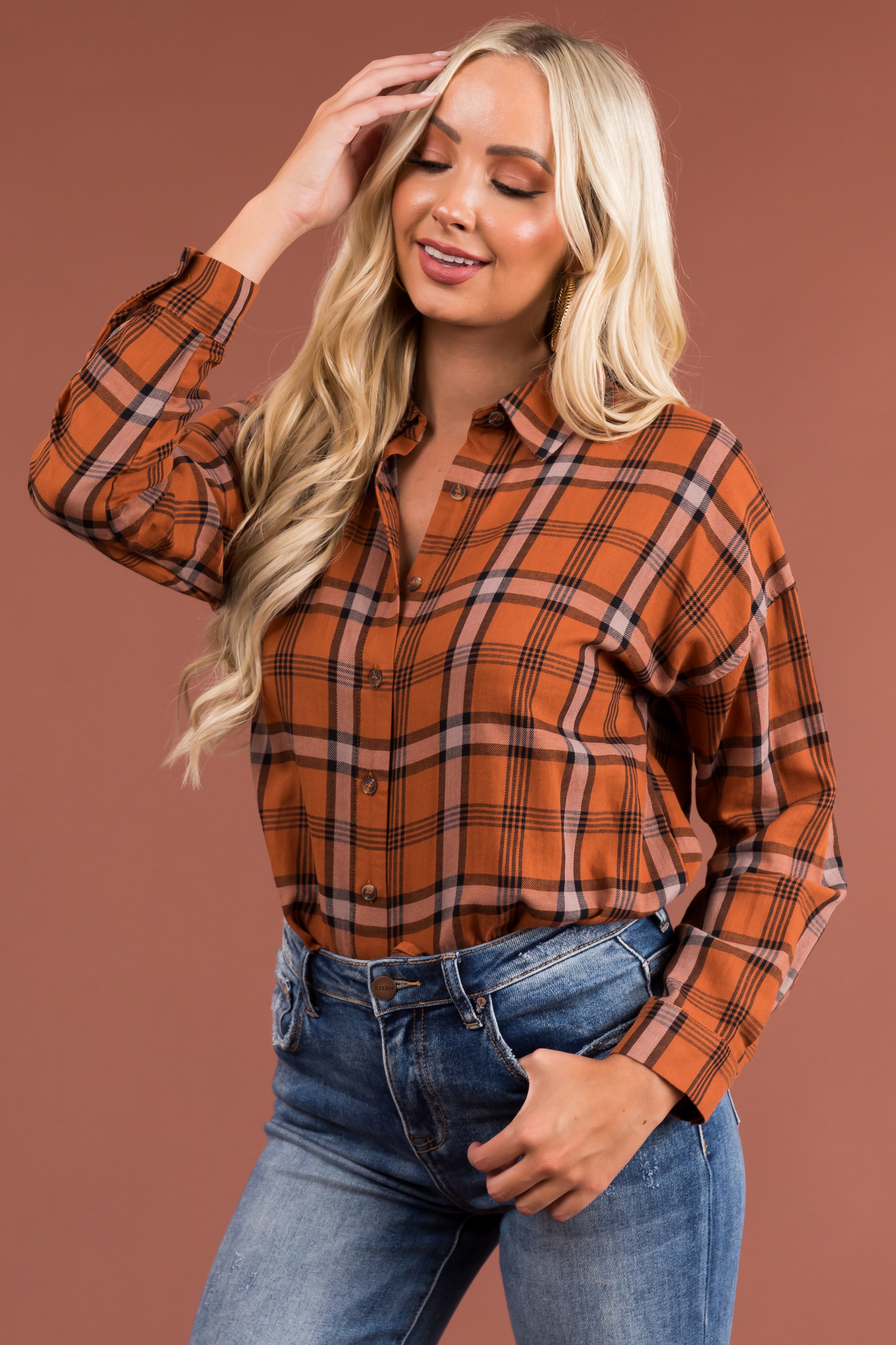 Pumpkin Spice Plaid Button Up Shirt