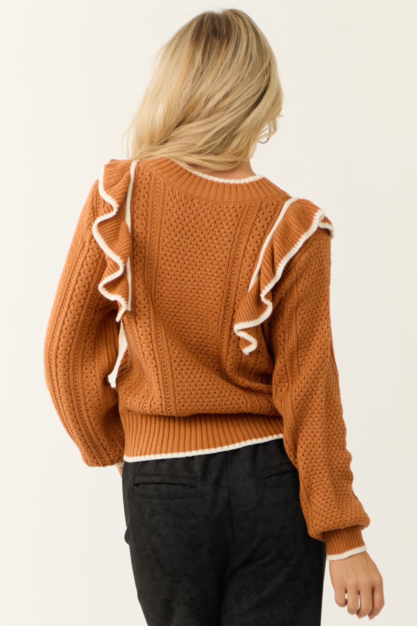 Pumpkin Spice Ruffle Shoulder Knit Sweater