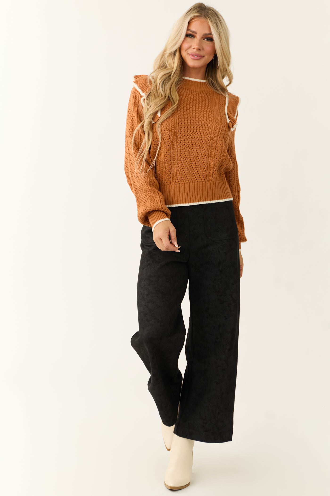 Pumpkin Spice Ruffle Shoulder Knit Sweater