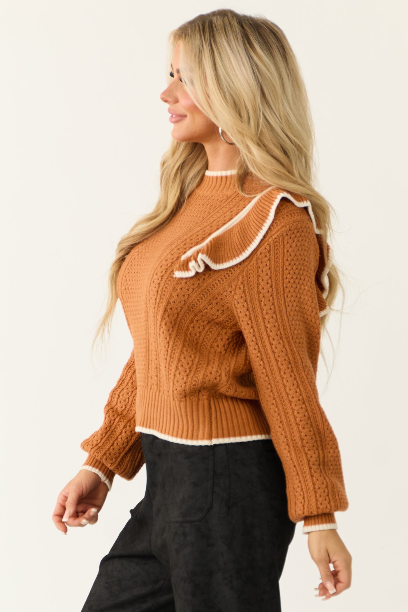 Pumpkin Spice Ruffle Shoulder Knit Sweater