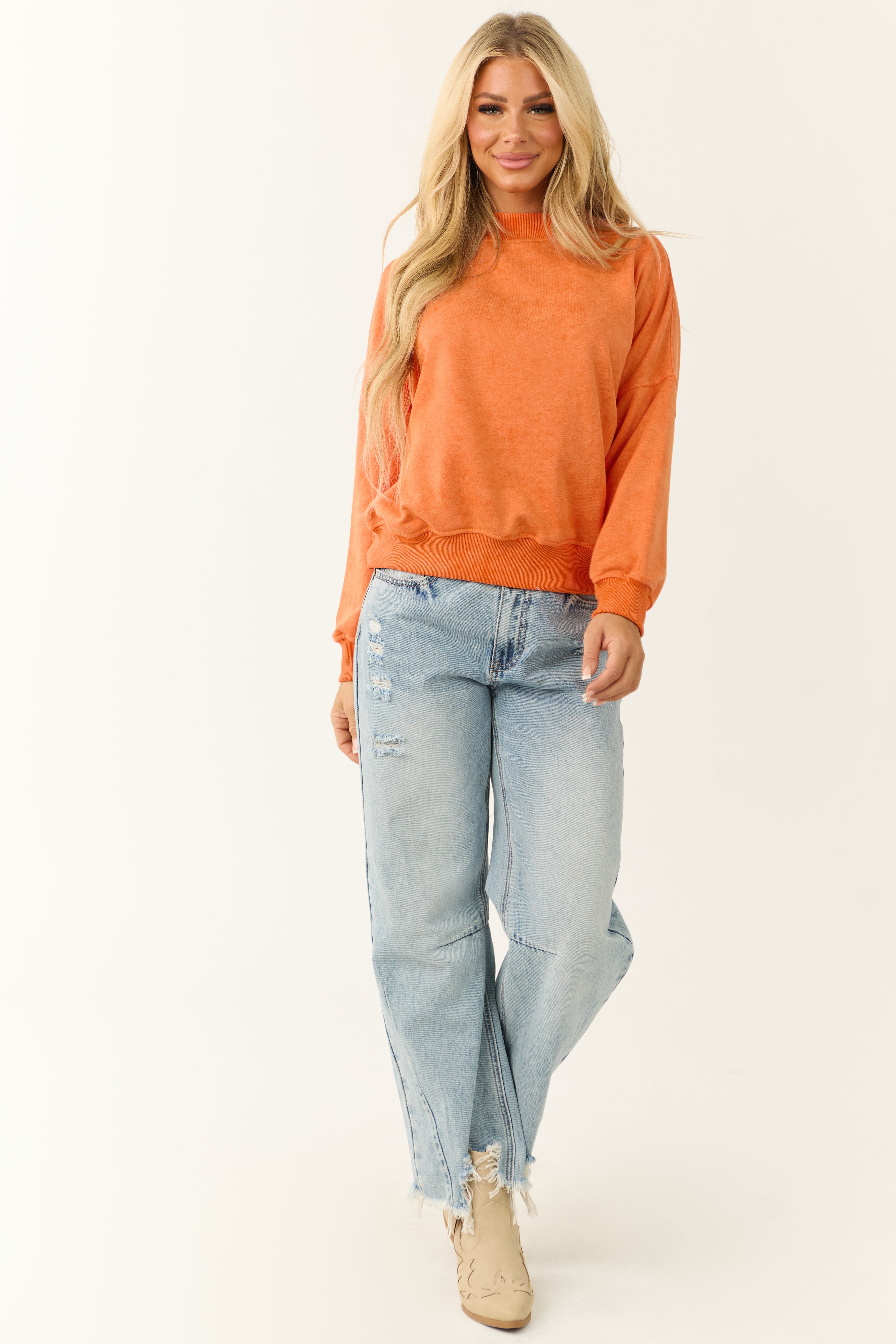 Pumpkin Washed Drop Shoulder Crew Neck Sweatshirt