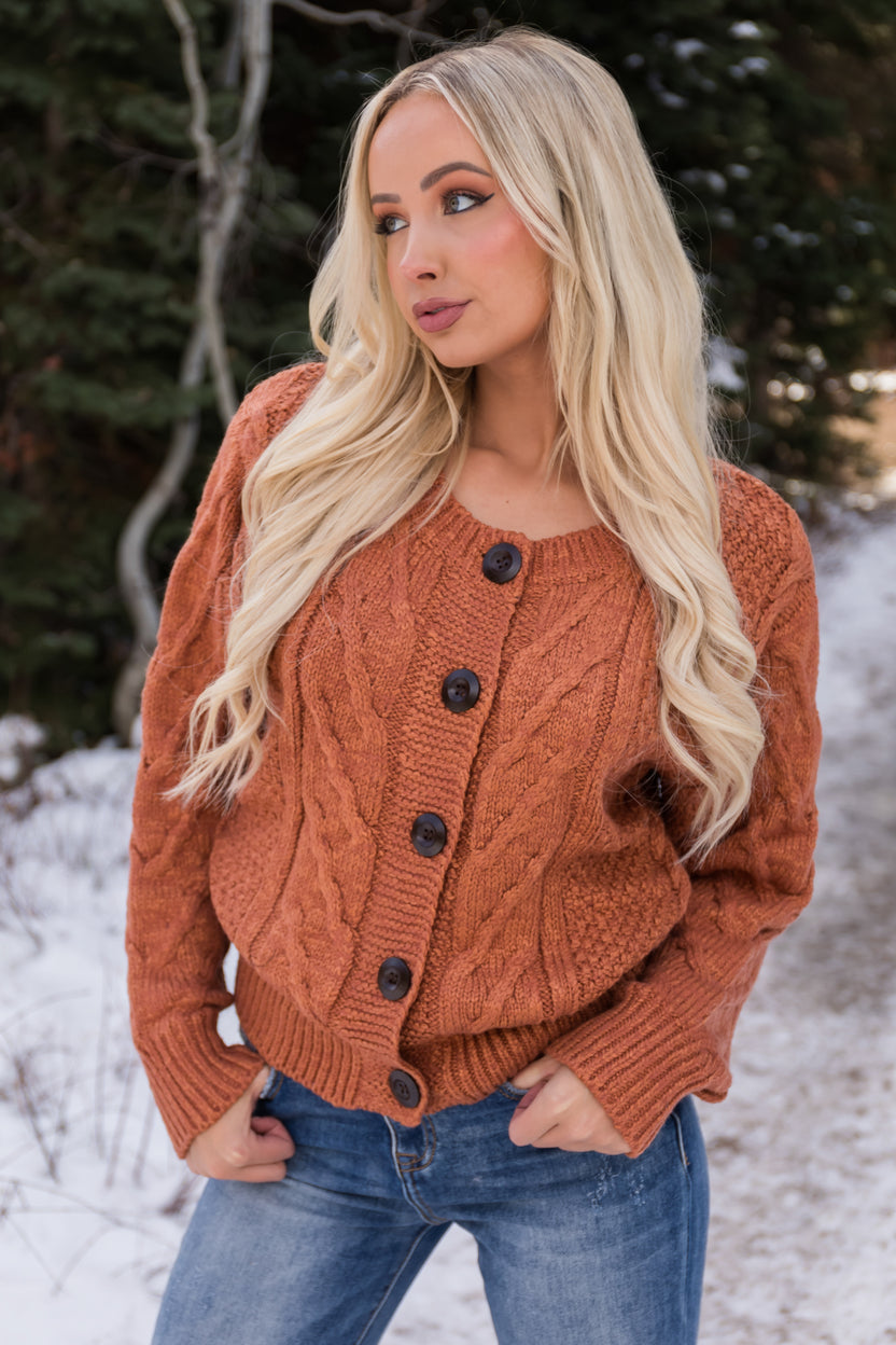 Pumpkin Spice Thick Cable Knit Button Cardigan