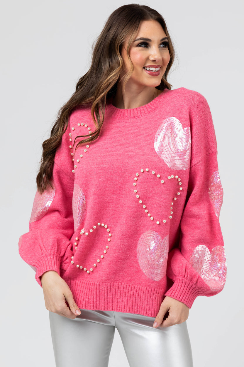 Punch Pearl and Sequin Heart Sweater