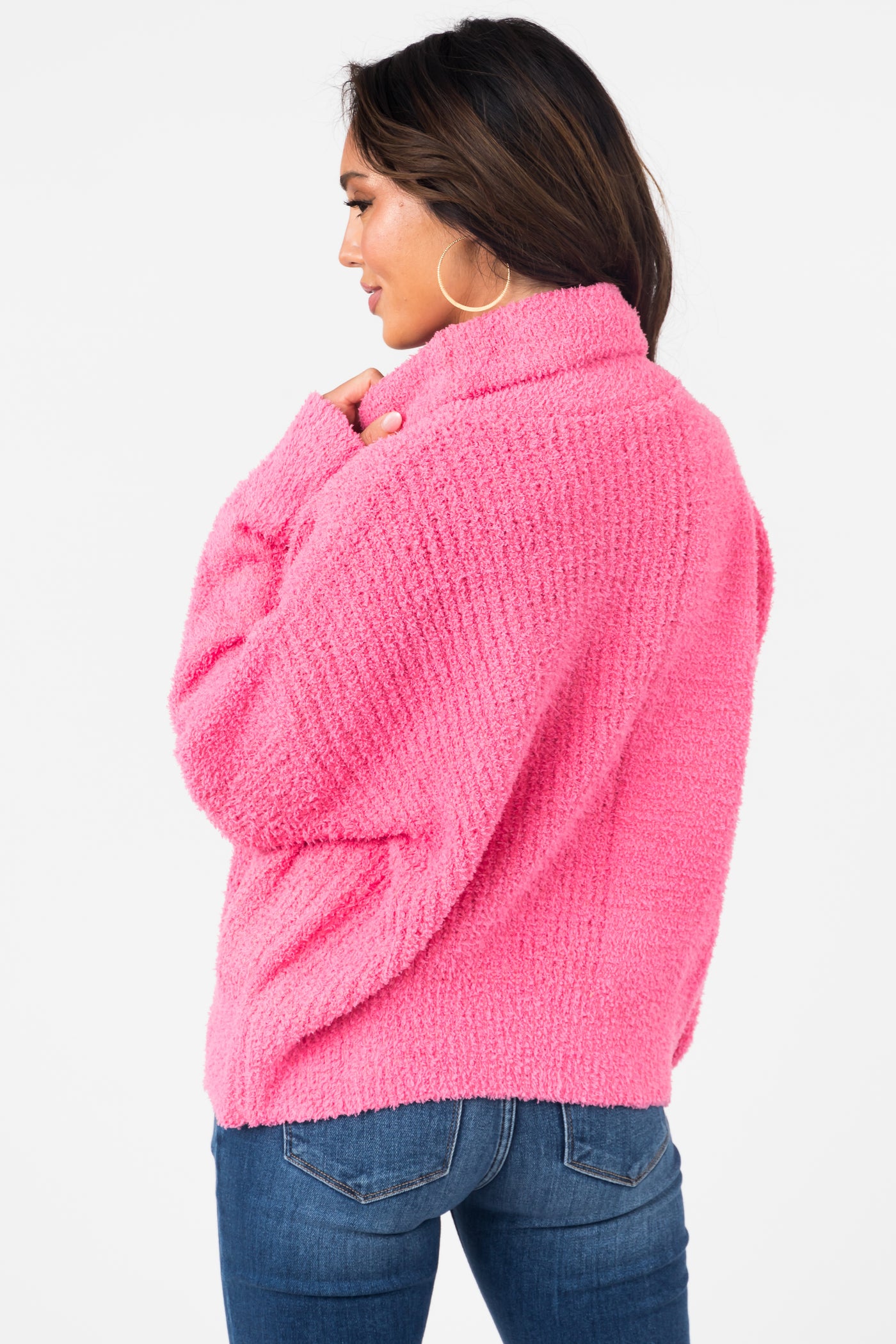 Punch Pink Textured Long Sleeve Turtleneck Sweater