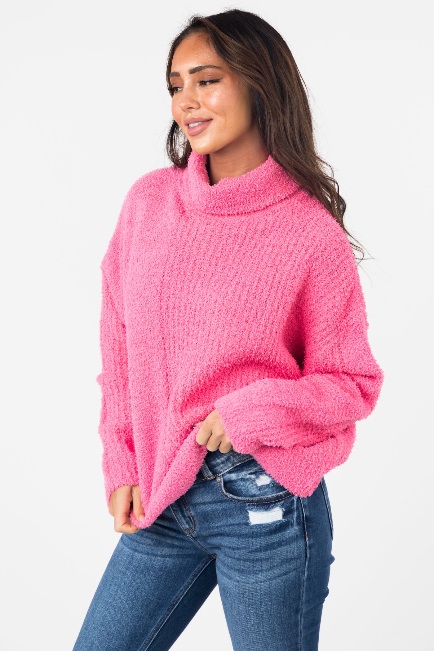 Punch Pink Textured Long Sleeve Turtleneck Sweater