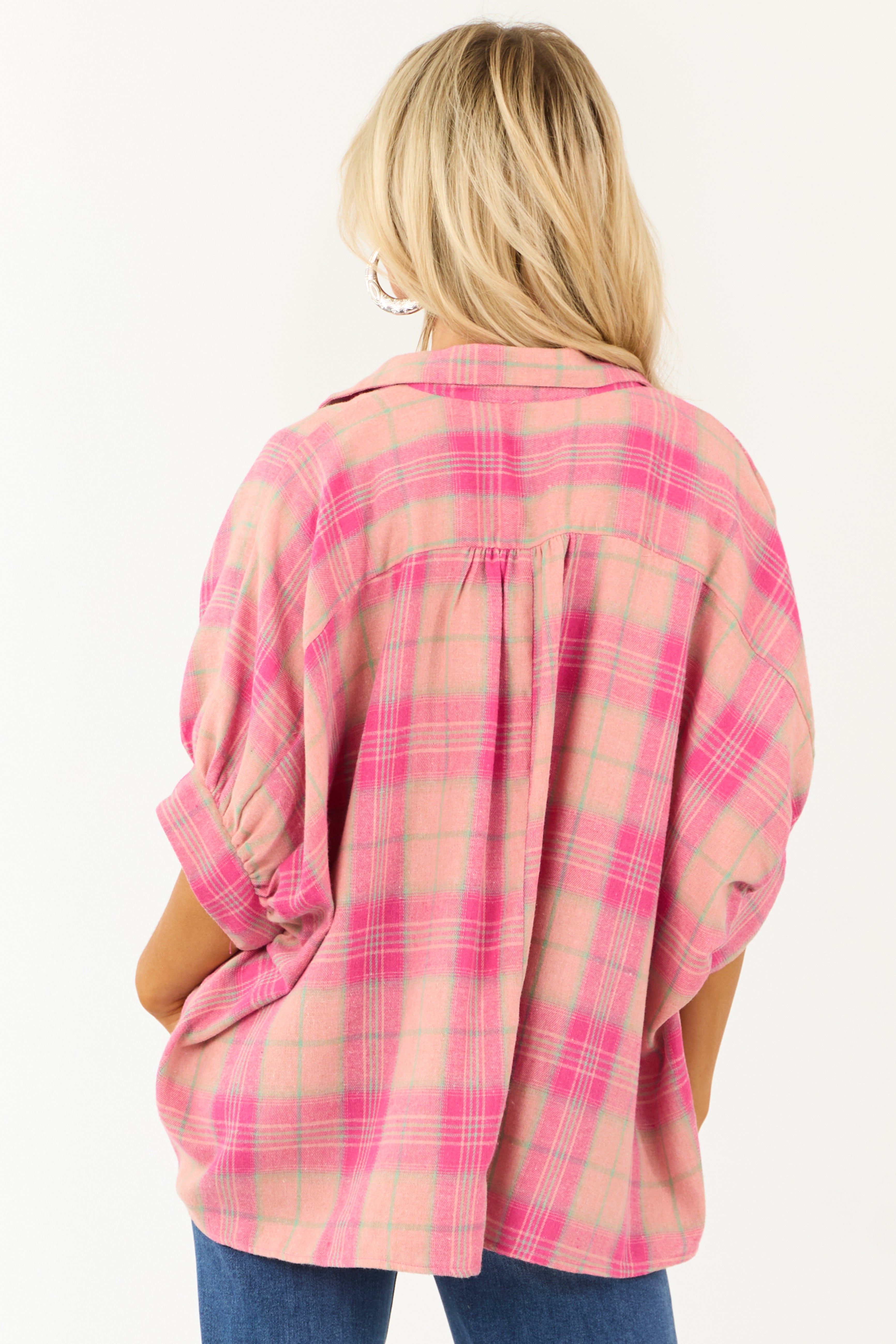 Punch Plaid Oversized Button Up Half Sleeve Shirt