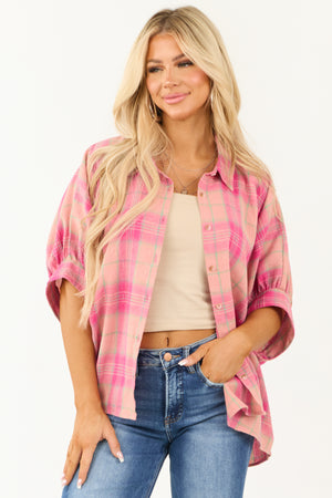 Punch Plaid Oversized Button Up Half Sleeve Shirt