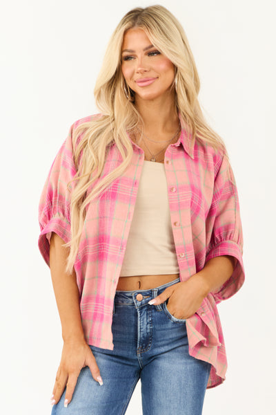 Punch Plaid Oversized Button Up Half Sleeve Shirt