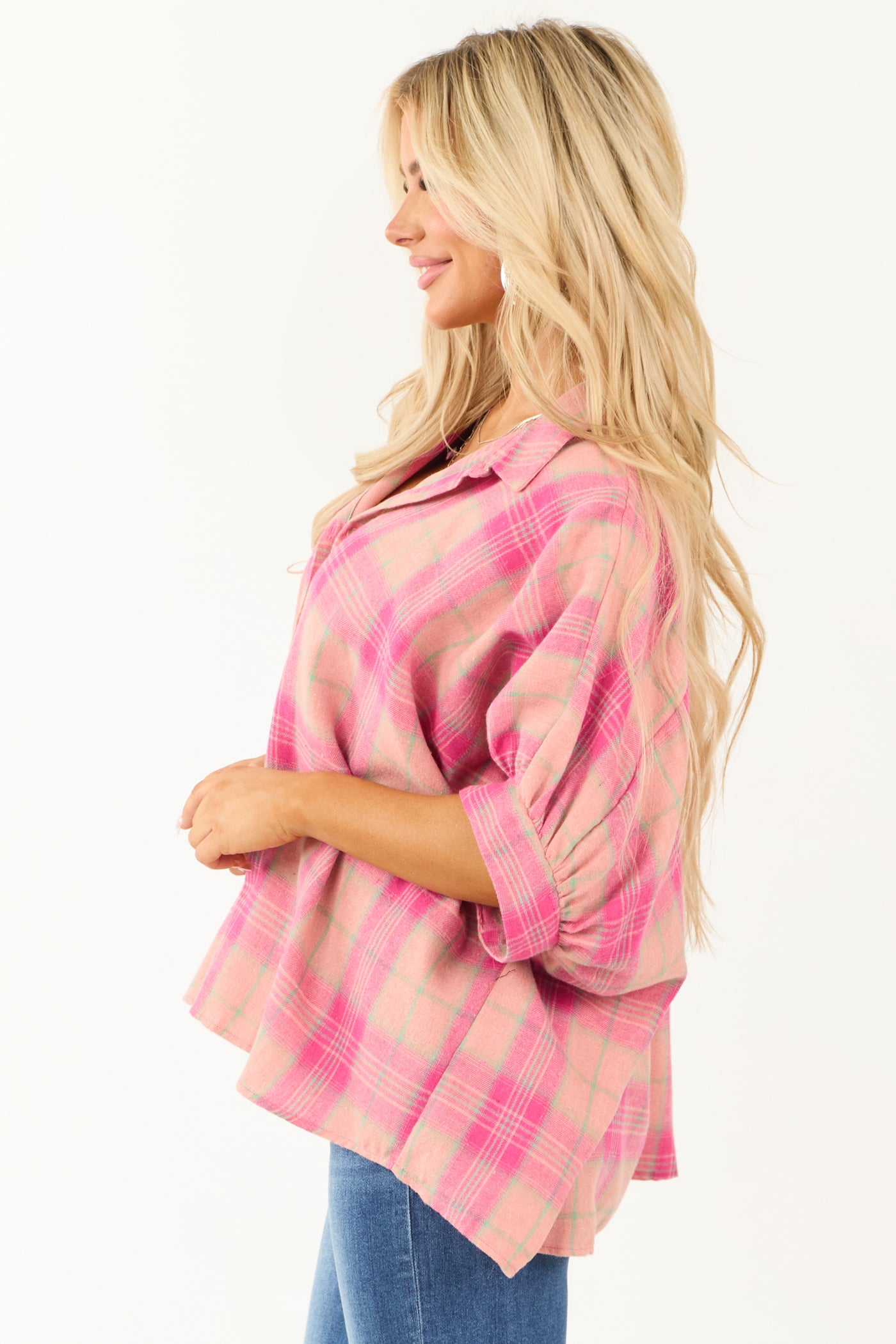 Punch Plaid Oversized Button Up Half Sleeve Shirt