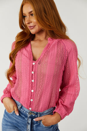 Punch Pointelle Lace Long Sleeve Button Up Top