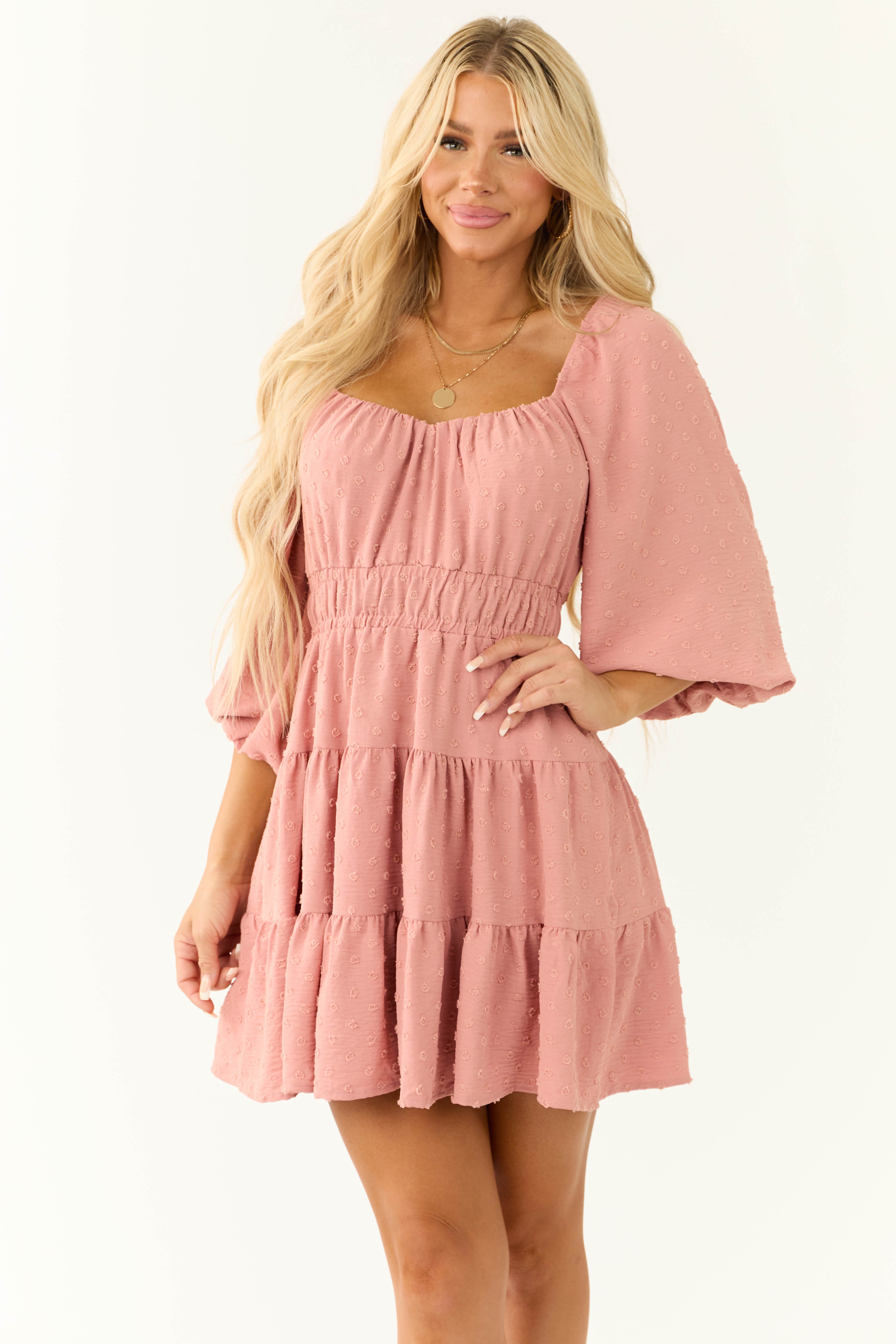 Punch Swiss Dot Tiered 3/4 Sleeve Mini Dress