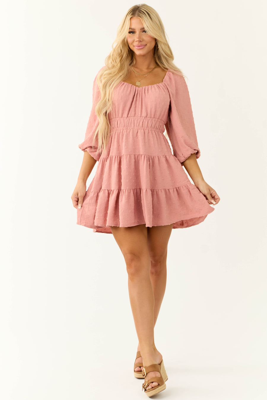 Punch Swiss Dot Tiered 3/4 Sleeve Mini Dress