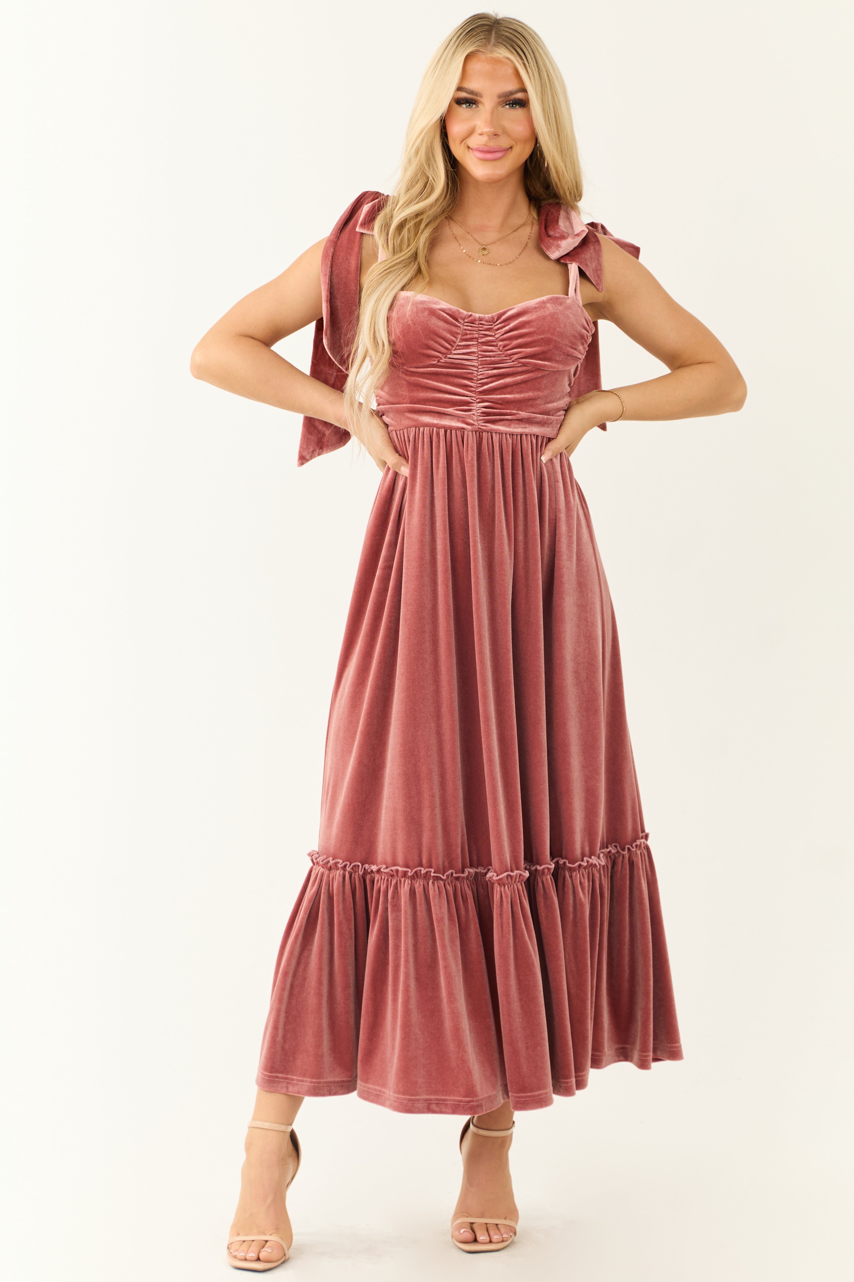 Punch Velvet Tie Straps Ruched Maxi Dress