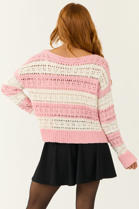 Punch and Ivory Striped Open Knit Sweater