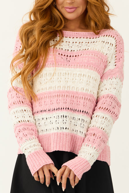 Punch and Ivory Striped Open Knit Sweater