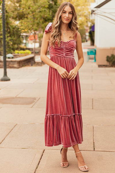 Punch Velvet Tie Straps Ruched Maxi Dress