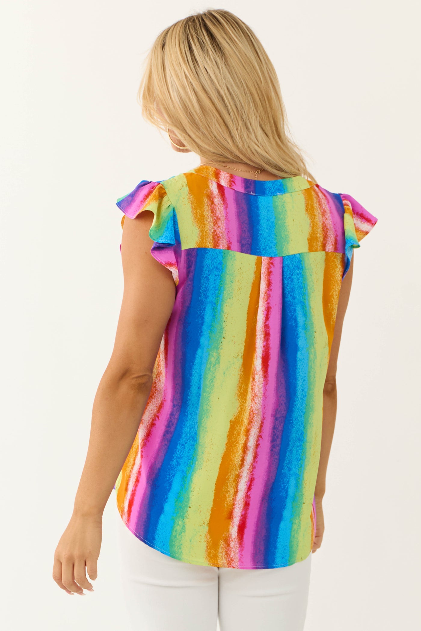 Rainbow Striped Notch Neck Ruffle Sleeve Top