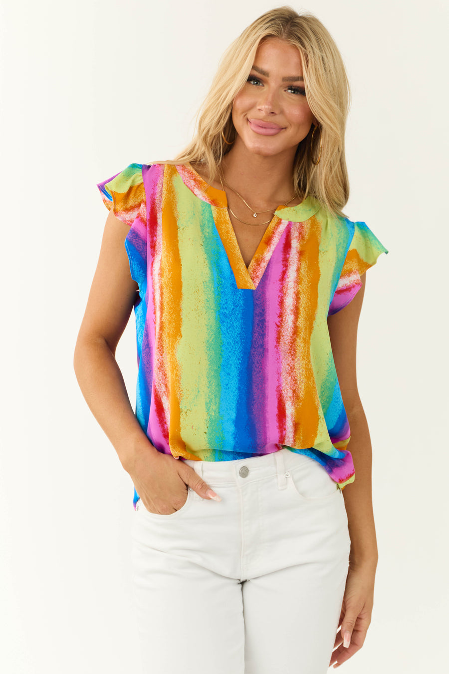 Rainbow Striped Notch Neck Ruffle Sleeve Top