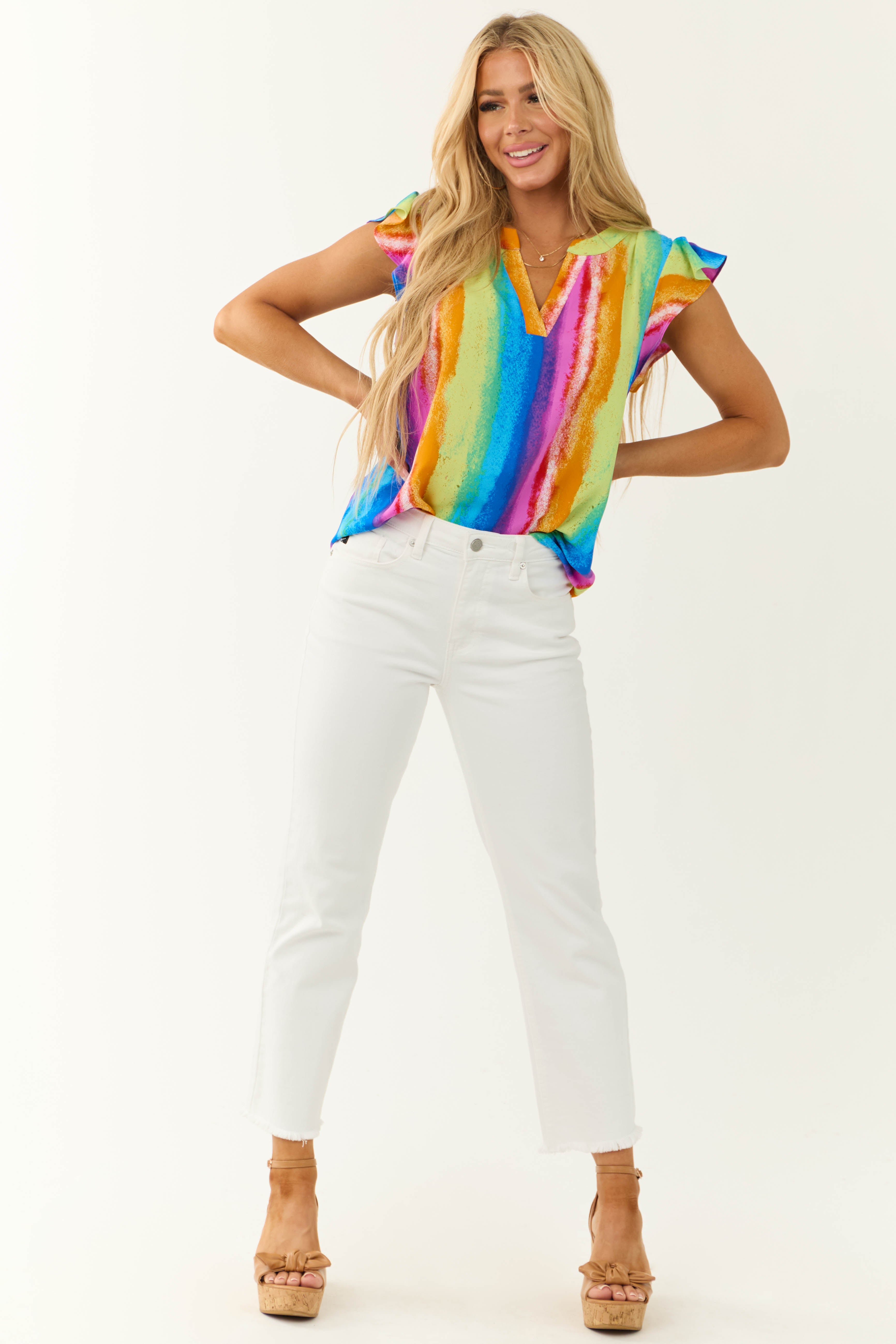 Rainbow Striped Notch Neck Ruffle Sleeve Top